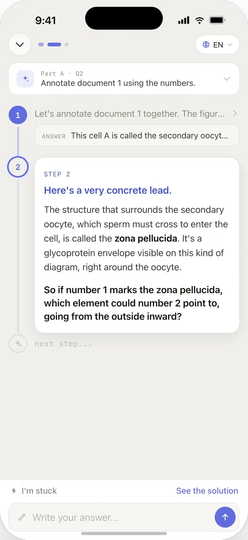 The StudSnap tutor guiding a question step by step