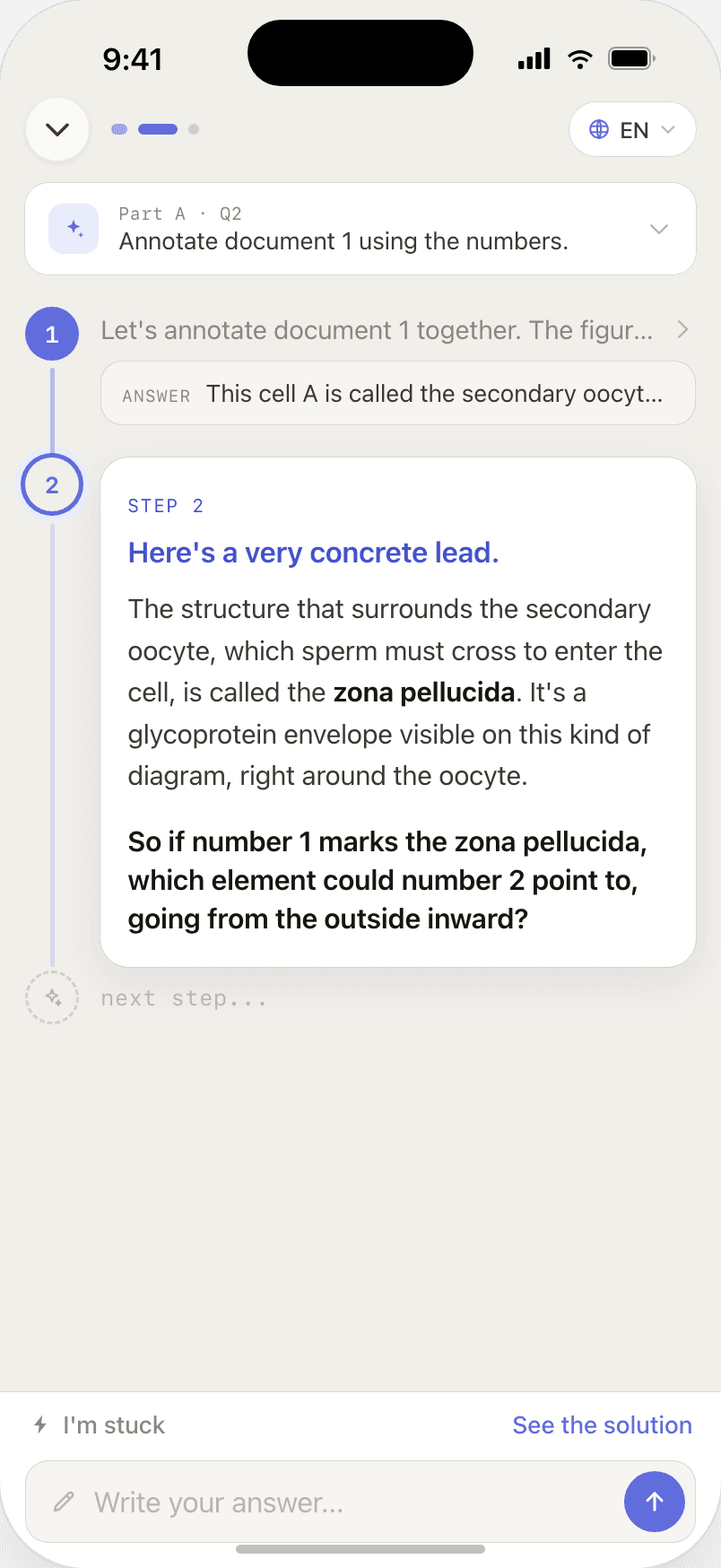 The StudSnap tutor guiding a question step by step