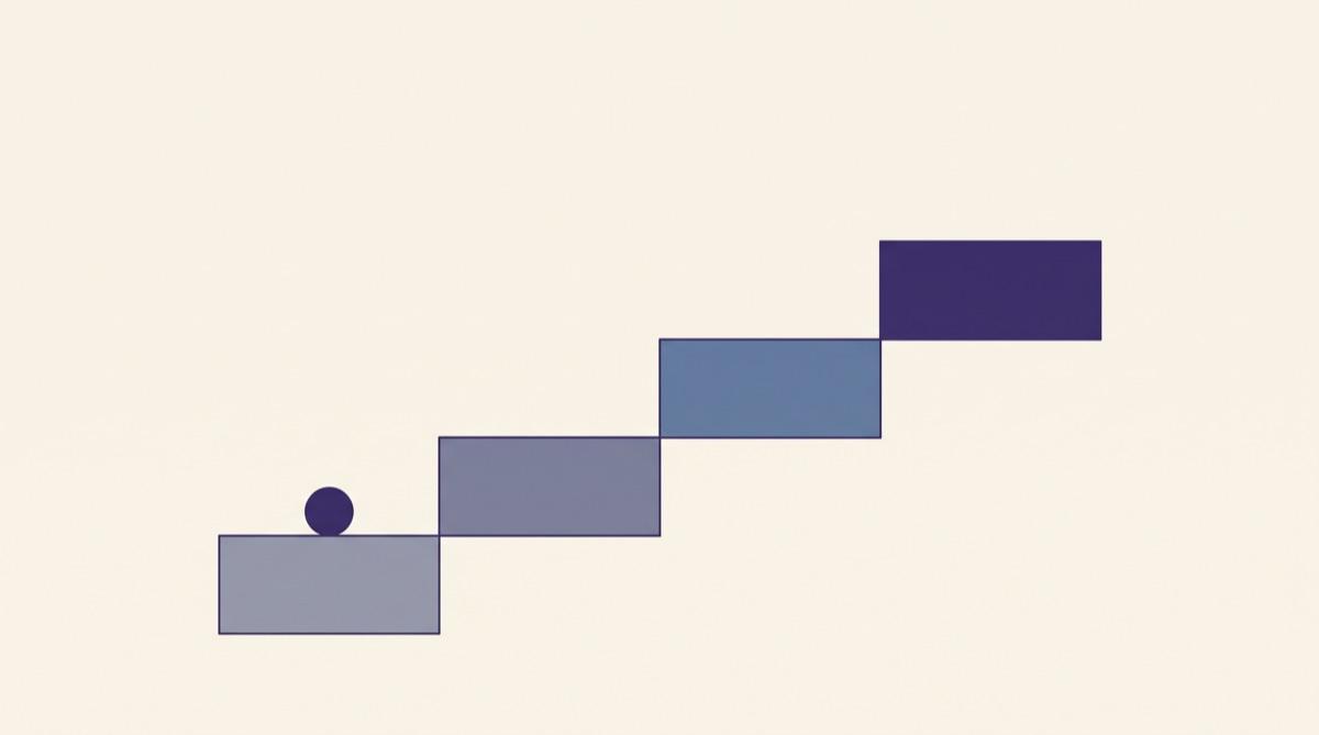 A four-step staircase rising to the right, each step a deeper shade, with a small dot resting on the lowest step.