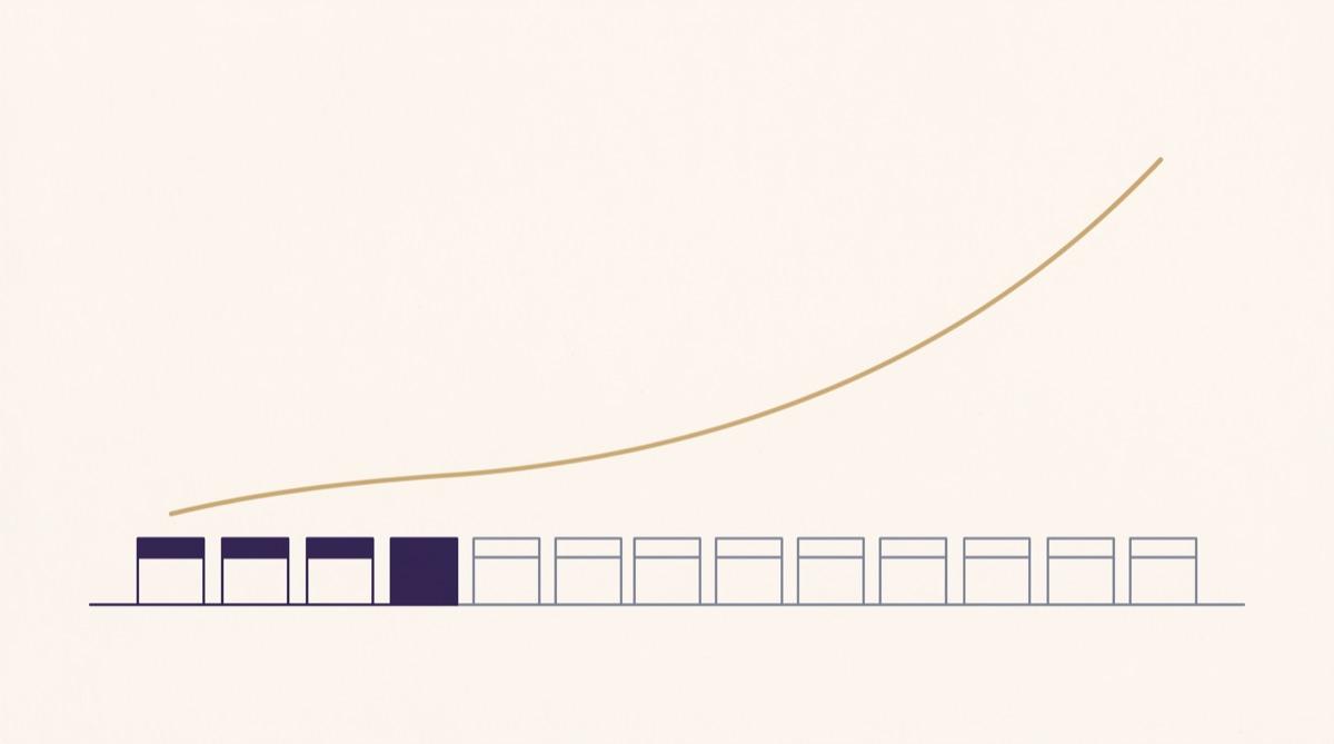 A row of week blocks along a baseline, the first three marked in a stronger tone, with a workload line climbing steeply across the later weeks.