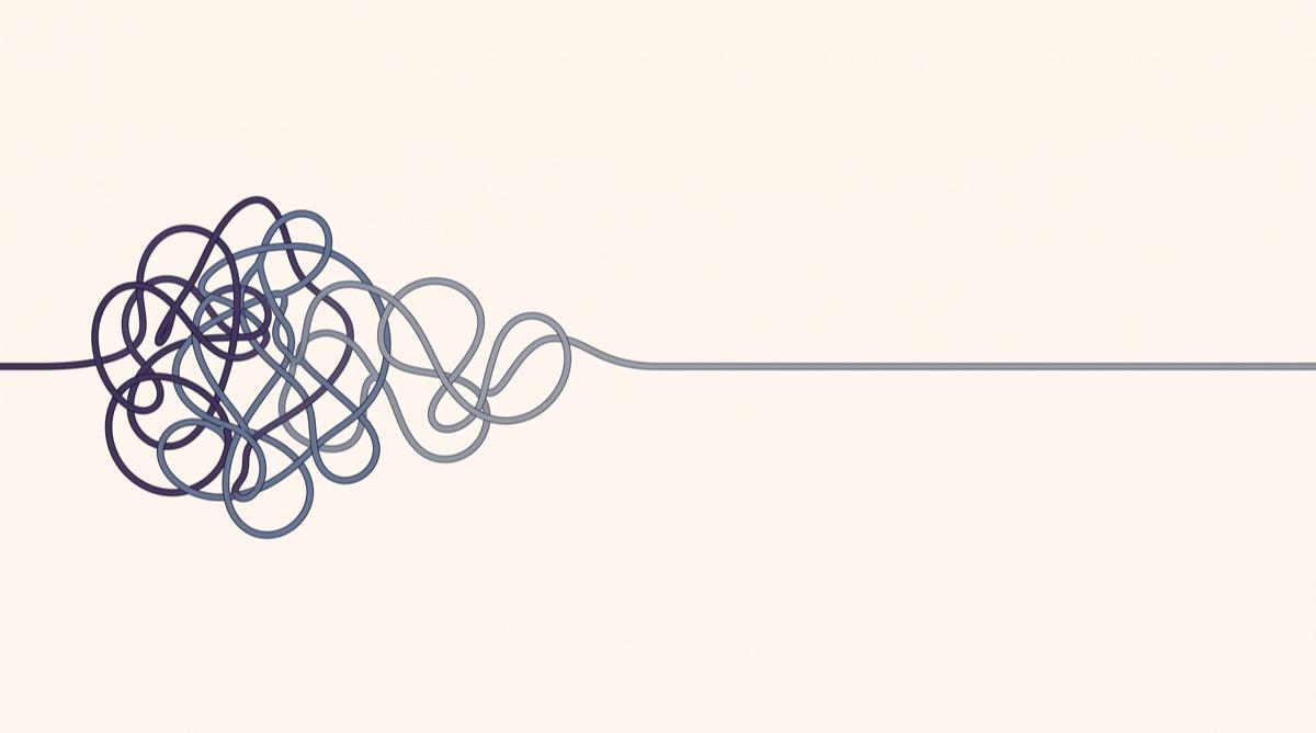 An illustration of a tangled knot of cord on the left that loosens and resolves into a single straight line running to the right.
