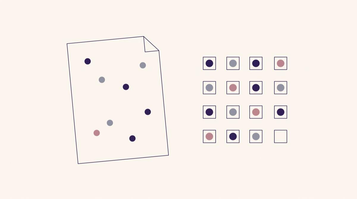 An illustration of a sheet marked with scattered dots beside the same dots reassembled into a tidy grid of checkboxes.